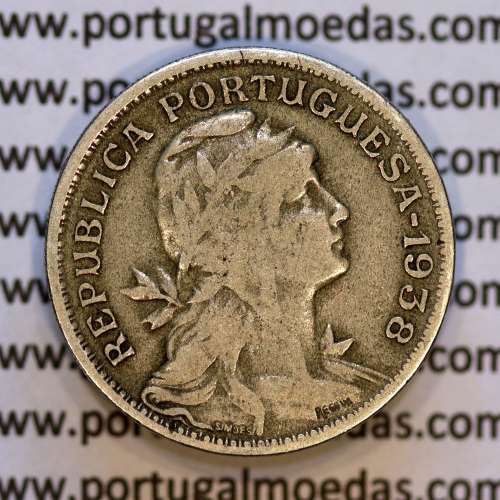 50 Centavos 1938 Alpaca, $50 centavos 1938 Republica Portuguesa, (BC),  World Coins Portugal  KM 577