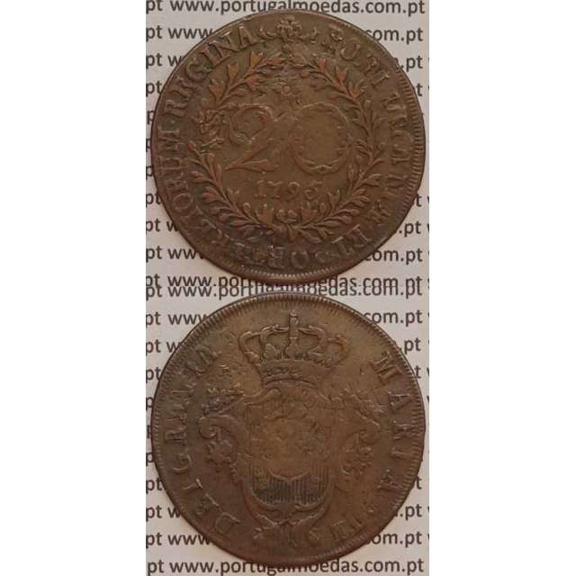 MOEDA 20 RÉIS COBRE 1795 (BC+) AÇORES / CUNHADA SOBRE DISCO DE OUTRA MOEDA (X REIS)