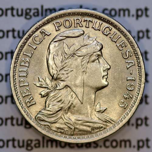 50 Centavos 1945 em Alpaca, $50 centavos 1945 Republica Portuguesa, (MBC+/Bela), World Coins Portugal  KM 577