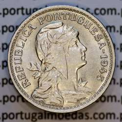 50 Centavos 1945 em Alpaca, $50 centavos 1945 Republica Portuguesa, (MBC+/Bela), World Coins Portugal  KM 577