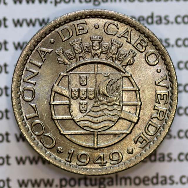 1 Escudo 1949 Alpaca of Cape Verde, 1$00 escudo Nickel brass 1949, Former Cape Verde Colony, (XF), World Coins Cape Verde KM 7