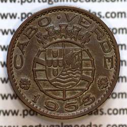 1 Escudo 1953 bronze de Cabo Verde, "1$00" escudo bronze 1953, Ex-Colónia de Cabo verde, (MBC+), World Coins Cape Verde KM 8