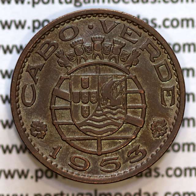 Cape Verde, bronze coin of 1 Escudo 1953, of the former Portuguese colony of Cape Verde, (VF+/XF), World Coins Cape Verde KM8