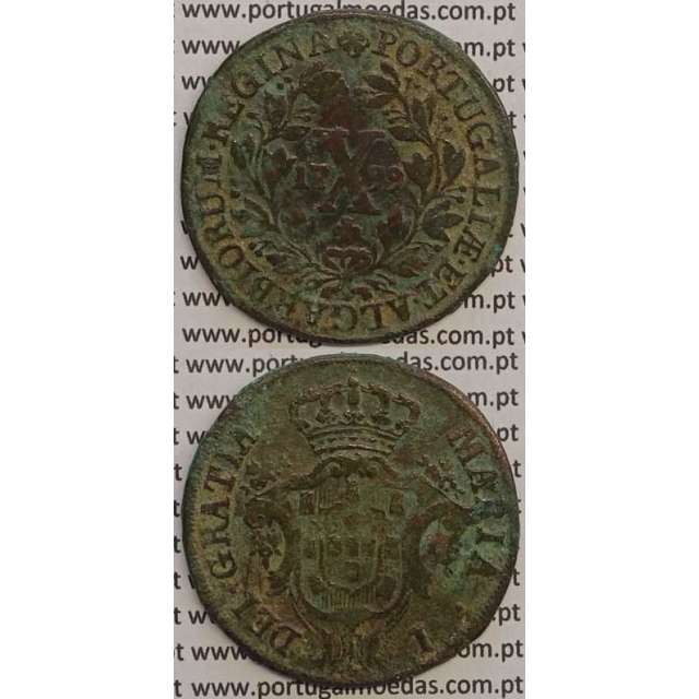 MOEDA X REIS COBRE 1799 (MBC) - COROA BAIXA/DATA MÉDIA - 15 FRUTOS À ESQ. E 14 FRUTOS À DIR. - D. MARIA I