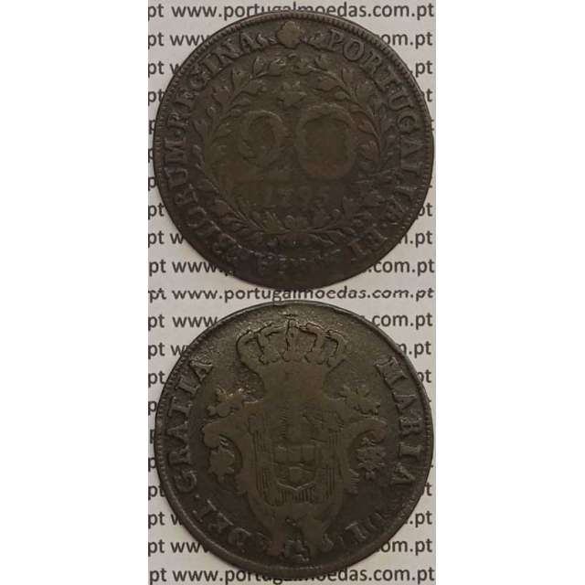 MOEDA 20 RÉIS COBRE 1795 (BC+) AÇORES / CUNHADA SOBRE DISCO DE OUTRA MOEDA (X REIS)