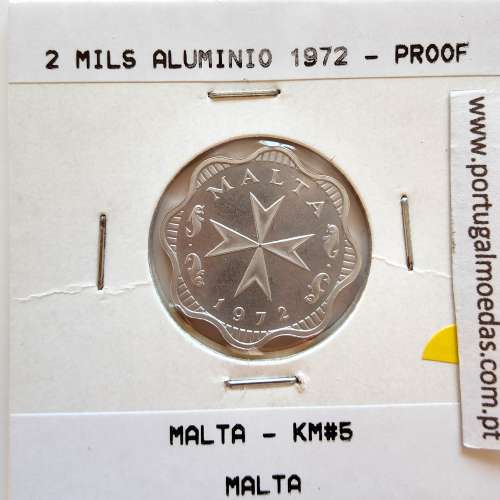 Malta 2 mils 1972 Alumínio Proof, World Coins Malta KM 5, coin of 2 mils 1972 Aluminium