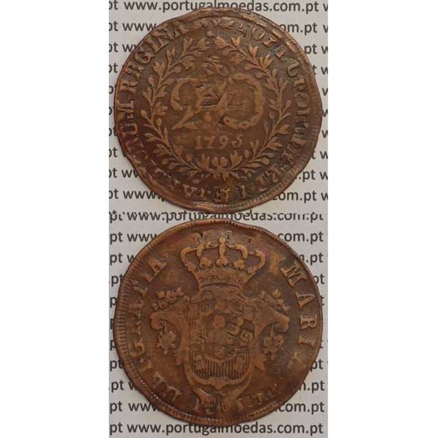 MOEDA 20 RÉIS COBRE 1795 (MBC) AÇORES / CUNHADA SOBRE DISCO DE OUTRA MOEDA (X REIS)