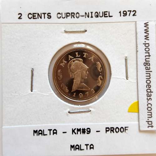 Malta 2 Cents 1972 Cupro-niquel Proof,  World Coins Malta KM 9, coin of 2 Cents 1972 Copper-nickel proof