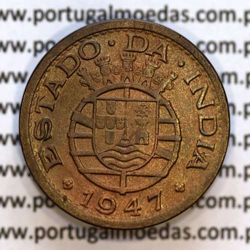 India 1 Tanga 1947 Bronze, Tanga 1947 of India Portuguese, (VF+), World Coins India Portuguese KM 24