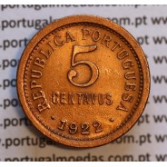Portugal, bronze coin of 5 centavos 1922, $05 centavos 1922 Portuguese Republic, (XF/UNC), World Coins Portugal KM 569