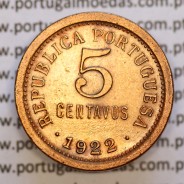 Portugal, bronze coin of 5 centavos 1922, $05 centavos 1922 Portuguese Republic, (XF/UNC), World Coins Portugal KM 569