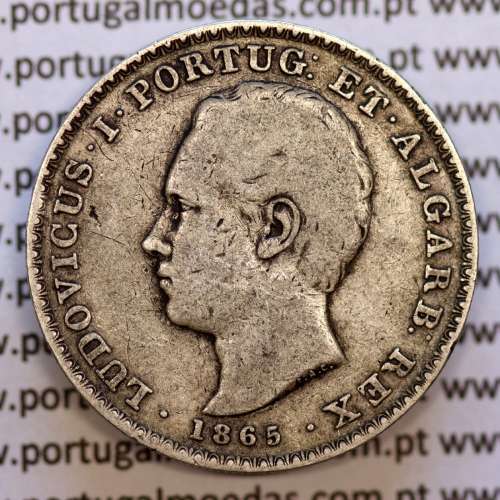 500 réis 1865 prata D. Luis I, moeda de cinco tostões prata 1865, World Coins Portugal KM 509