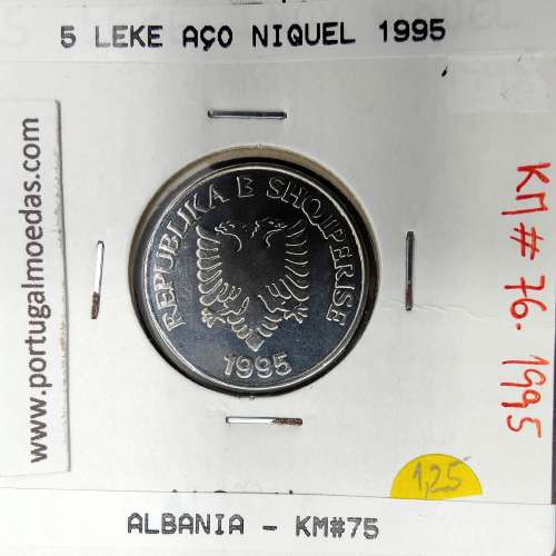 Albânia 5 Leke 1995 Aço níquel, World Coins Albania KM 76