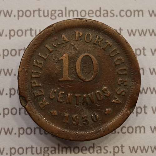 10 centavos 1930 Bronze, "$10" dez centavos 1930 bronze Republica Portuguesa, (BC), World Coins Portugal KM 573