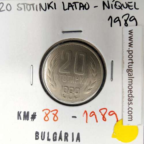 Bulgária 20 Stotinki 1989 Latão-níquel, World Coins Bulgaria KM 88