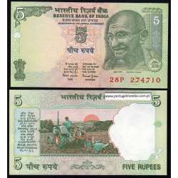 India - Nota 5 Rupias 2002 (Não circulada) - Pick 88A