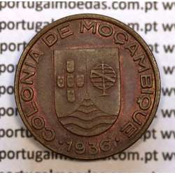 Moçambique, 20 centavos 1936 cobre da Ex-Colónia Portuguesa de Moçambique, (Bela-), World Coins Mozambique KM 64