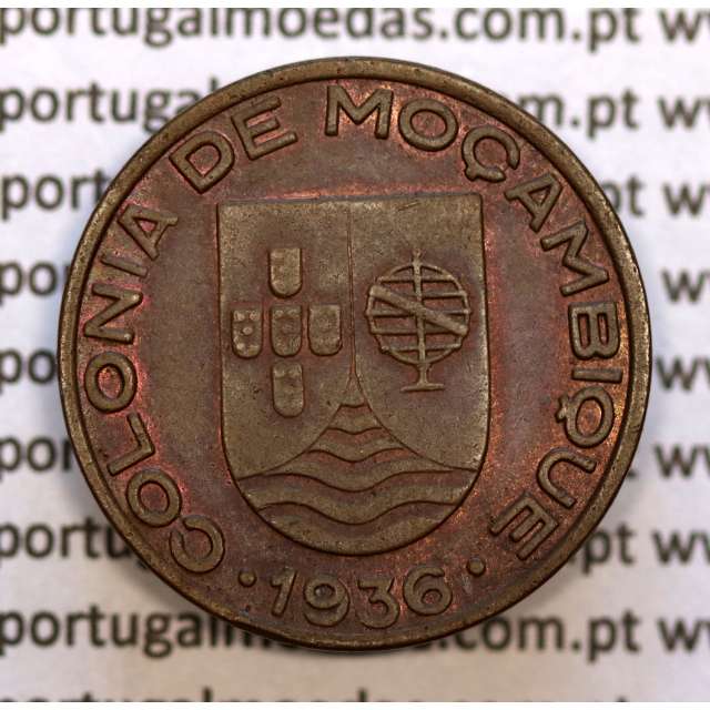 Mozambique, Copper coin of 20 Centavos 1936 of Former Portuguese Colony of Mozambique, (XF+), World Coins Mozambique KM 64