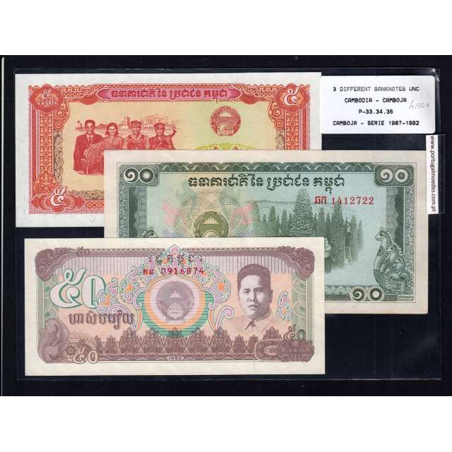 Cambodja - Lote de 3 Notas Diferentes - Serie 1987-1992 (Não Circuladas)