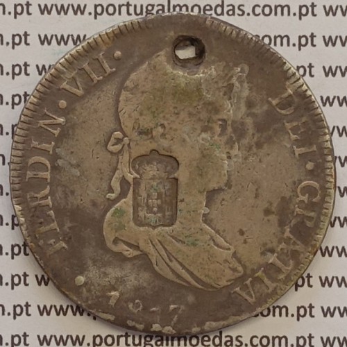 MOEDA 870 REIS PRATA (8 REALES 1817) - "ESPANHA - LIMA" COM CARIMBO "ESCUDO COROADO" - D.MARIA II