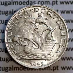 5 escudos 1943 prata,5$00 prata 1943, Cinco Escudos 1943 da República Portuguesa, (Bela/Soberba), World Coins Portugal KM 581
