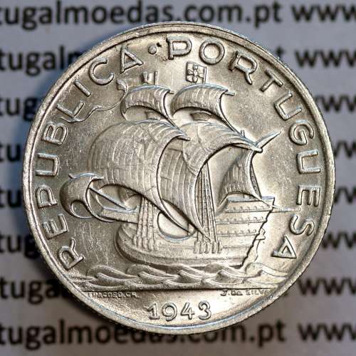 5 escudos 1943 prata,5$00 prata 1943, Cinco Escudos 1943 da República Portuguesa, (Bela/Soberba), World Coins Portugal KM 581