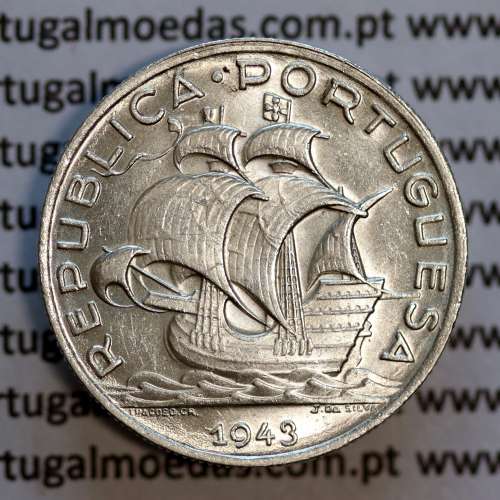 coin 5 escudos 1943, 5$00 silver 1943, Five Escudos 1943 of the Portuguese Republic, (Superb), World Coins Portugal KM 581
