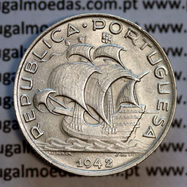 5 escudos 1942 prata, 5$00 prata 1942, Cinco Escudos 1942 da República Portuguesa, (Bela), World Coins Portugal KM 581