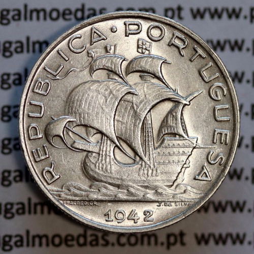 5 escudos 1942 prata, 5$00 prata 1942, Cinco Escudos 1942 da República Portuguesa, (Bela), World Coins Portugal KM 581