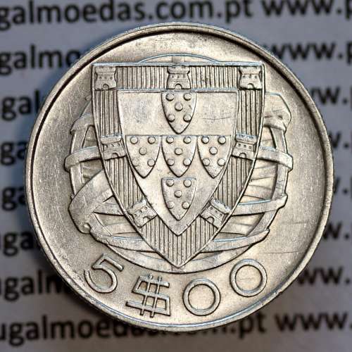 coin 5 escudos 1942, 5$00 silver 1942, Cinco Escudos 1942 of the Portuguese Republic, (Bela), World Coins Portugal KM 581