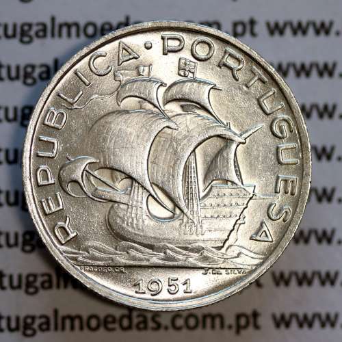 5 escudos 1951 prata, 5$00 1951 prata da República Portuguesa, (Bela/Soberba), World Coins Portugal KM 581