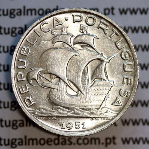 5 escudos 1951 prata, 5$00 1951 prata da República Portuguesa, (Bela/Soberba), World Coins Portugal KM 581