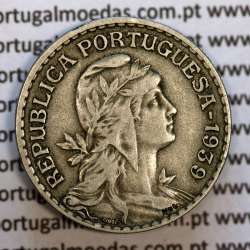 Coin 1 Escudo 1939 Alpaca of Portugal, 1$00 1939 alpaca of the Portuguese Republic, (MBC), World Coins Portugal KM 578