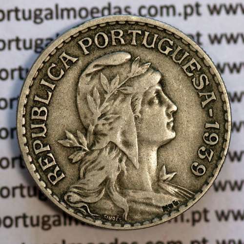 Coin 1 Escudo 1939 Alpaca of Portugal, 1$00 1939 alpaca of the Portuguese Republic, (MBC), World Coins Portugal KM 578