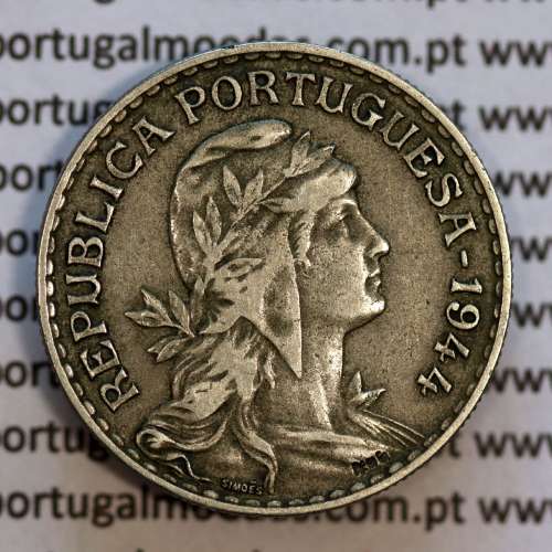 Coin 1 Escudo 1944 Alpaca of Portugal, 1$00 1944 alpaca of the Portuguese Republic, (MBC), World Coins Portugal KM 578
