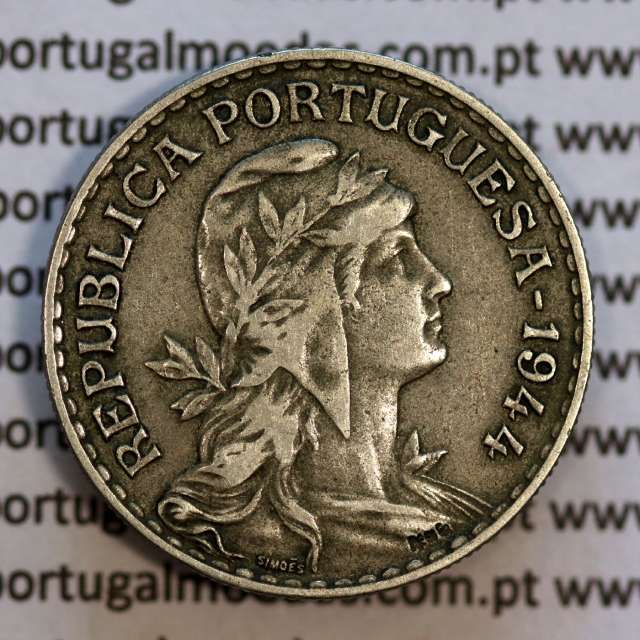 Coin 1 Escudo 1944 Alpaca of Portugal, 1$00 1944 alpaca of the Portuguese Republic, (MBC), World Coins Portugal KM 578