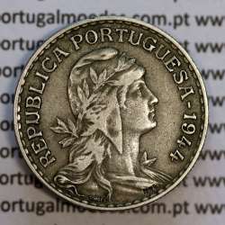 Coin 1 Escudo 1944 Alpaca of Portugal, 1$00 1944 alpaca of the Portuguese Republic, (MBC), World Coins Portugal KM 578
