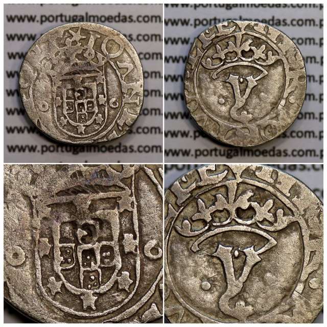Portuguese silver coin Vintém of D. João III 1521-1557, Shield with 8 Castles Legend: ⋌III:R:PORTVGALIE / ★IOANES:III:R:PORT
