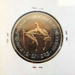 coin of Andorra 2 Diners 1985 Bimetallic, XXIV Summer Olympics, OLIMPIADA SEOUL COREA MCMLXXXVIII, World Coins Andorra KM 28