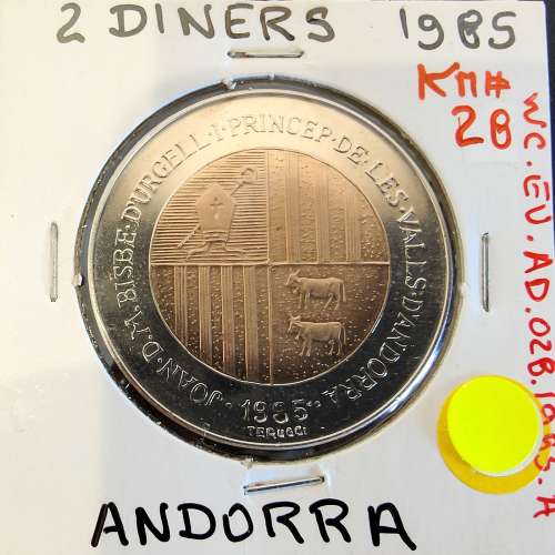coin of Andorra 2 Diners 1985 Bimetallic, XXIV Summer Olympics, OLIMPIADA SEOUL COREA MCMLXXXVIII, World Coins Andorra KM 28