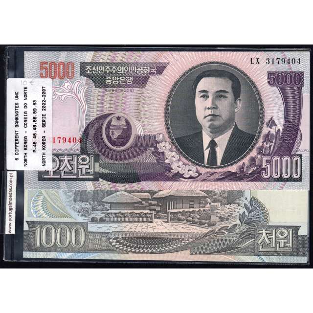 Coreia do Norte - Lote de 6 notas Diferentes - Serie 2002-2007 (Não circuladas)
