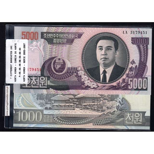 Coreia do Norte - Lote de 7 Notas Diferentes - Serie 2002-2007 (Não circuladas)