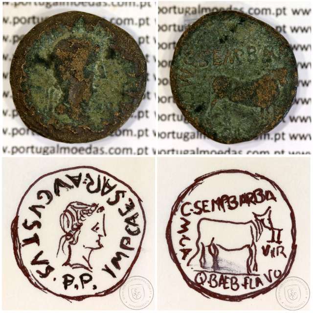 Augustus, Asse Æ, Calagurris, 27a.C. 14d.C, Legenda: IMP CAESAR AVGVSTVS P P / C.SEMP.BARBA.Q.BAEB.FLAVO.M.CAL.I.II.VIR, RPC 447