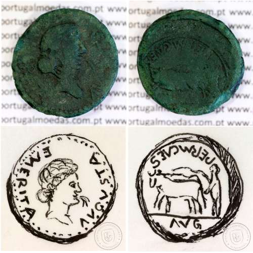 Rare roman coin of Augustus, AE As of Emerita Augusta, Legend: EMERITA AVGVSTA / PERMI CAES AVG, RPC 6 var., Burgos 1007 var.