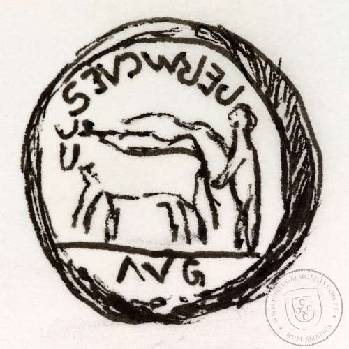 Rare roman coin of Augustus, AE As of Emerita Augusta, Legend: EMERITA AVGVSTA / PERMI CAES AVG, RPC 6 var., Burgos 1007 var.