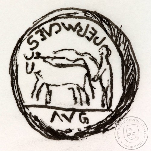 Rare roman coin of Augustus, AE As of Emerita Augusta, Legend: EMERITA AVGVSTA / PERMI CAES AVG, RPC 6 var., Burgos 1007 var.