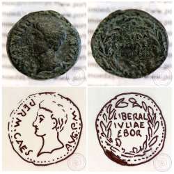 Roman coin of Augustus, AE As of Ebora, Portugal, PERM CAES AVG P M / LIBERAL IVLIAE EBOR, very rare, Burgos 902, Gomes 01.02