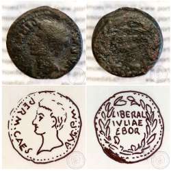 Roman coin of Augustus, AE As of Ebora, Portugal, PERM CAES AVG P M / LIBERAL IVLIAE EBOR, very rare, Burgos 902, Gomes 01.02