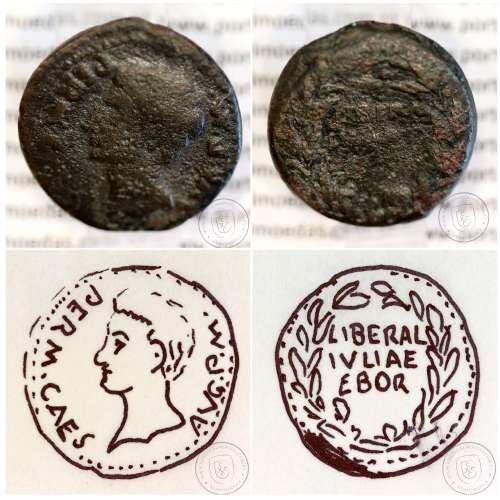 Roman coin of Augustus, AE As of Ebora, Portugal, PERM CAES AVG P M / LIBERAL IVLIAE EBOR, very rare, Burgos 902, Gomes 01.02