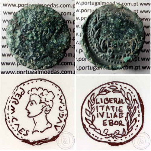 Augustus, Asse Bronze, EBORA, 12 a.C., PERM CAES AVG PM / LIBERAL ITATIE IVLIAE EBOR, Legenda 4 linhas, Burgos 901, Gomes 01.01
